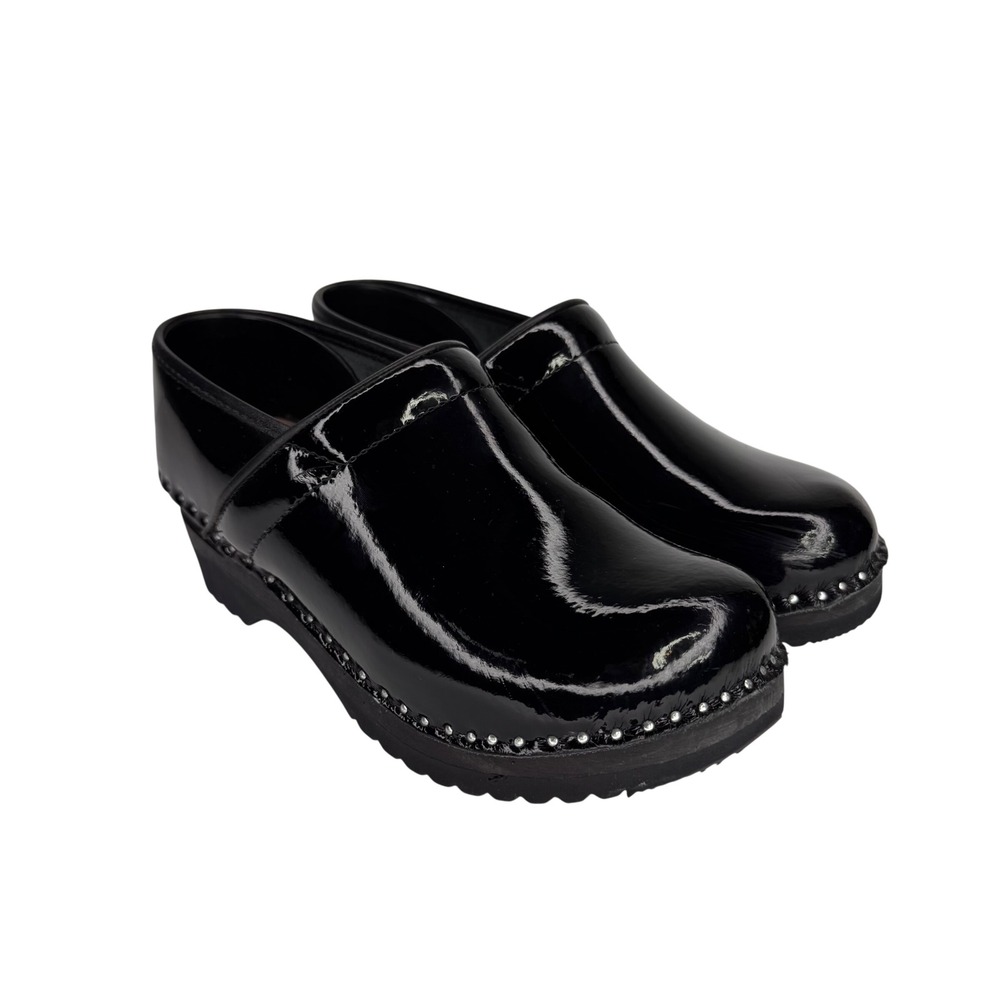 Troentorp Bastad Black Patent Leather Studded Clogs Sweden Sz 39 Nurse Tech